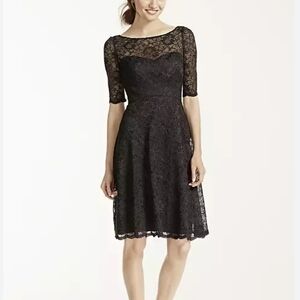 David's Bridal Black Short Lace Dress with Illusion Neck and Sleeves